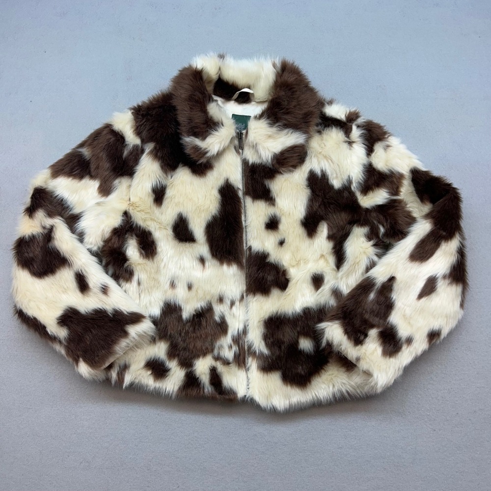 NWT Wild Fable Cow Print Faux Fur Jacket Brown Cream Zip Up Small
